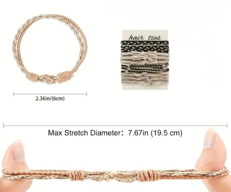 “Size chart showing braided hair tie diameter and stretch length