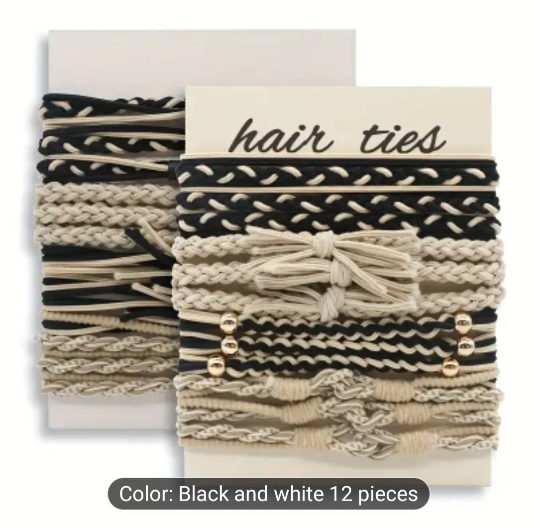 “Set of 12 neutral braided hair ties in black and beige tones on display card labeled hair ties.”